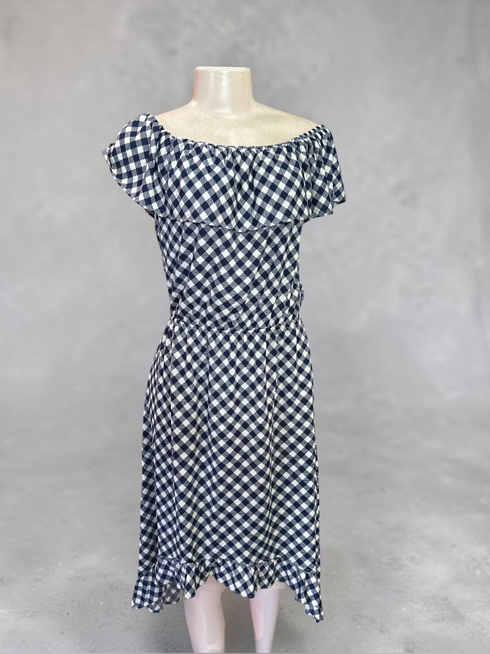 Lildy Gingham Off Shoulder Midi Dress S-M Navy White Ruffle Straps